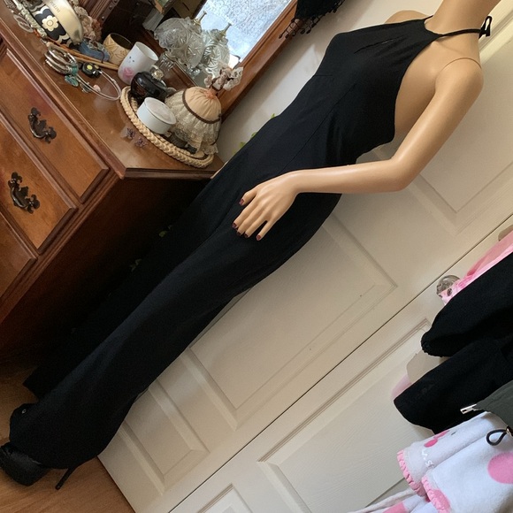 Vtg 90s black backless halter Empire stretch flare jumpsuit onesie pantsuit S M - Picture 8 of 13